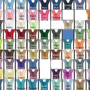 May include: A chart of 50 different colored zippers with their corresponding color names. The colors include baby blue, blush, dusty rose, light pink, bright pink, hot pink, flamingo, orange, black, white, natural, ivory, beige, light grey, slate, khaki, red, wine, rustan red, green, hunter, new leaf, lime, citron, powder green, seafoam, taupe green, cloudy jade, bright mint, bright aqua green, creamsicle, peach, brown, chocolate, golden tan, amber, spice, maple sugar, cider, copper mist, sahara, lavender, vintage purple, purple, periwinkle, lemon, light yellow, cream, berry, red plum, fuchsia, heather, orchid, dark teal, blue aqua, turquoise, parakeet, rocket blue, cruise blue, light blue, camel, cosmos blue.