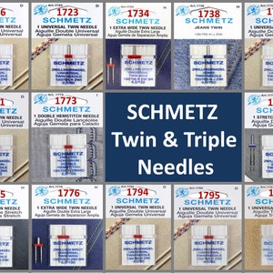 May include: A collection of Schmetz Twin & Triple Needles in clear plastic packaging. Each package displays the needle type, size, and brand information. The needles are designed for various sewing applications, including universal, stretch, and denim fabrics.