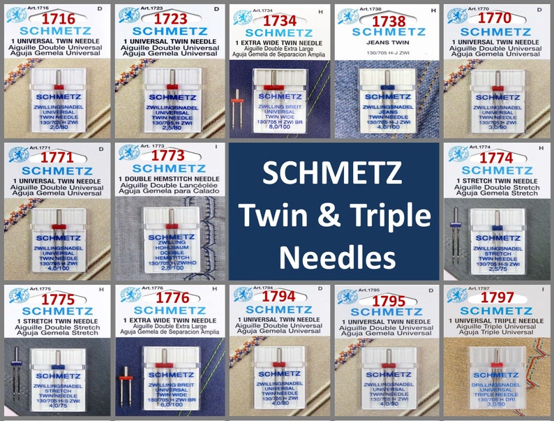 May include: A collection of Schmetz Twin & Triple Needles in clear plastic packaging. Each package displays the needle type, size, and brand information. The needles are designed for various sewing applications, including universal, stretch, and denim fabrics.
