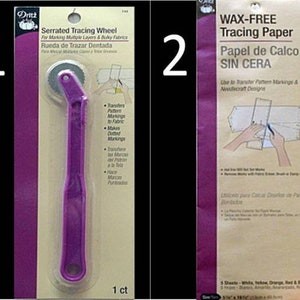 May include: A purple serrated tracing wheel for marking multiple layers of fabric. The packaging includes instructions in both English and Spanish. The wheel is 1 count.