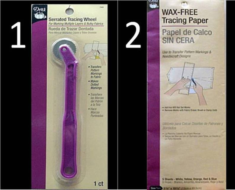 May include: A purple serrated tracing wheel for marking multiple layers of fabric. The packaging includes instructions in both English and Spanish. The wheel is 1 count.