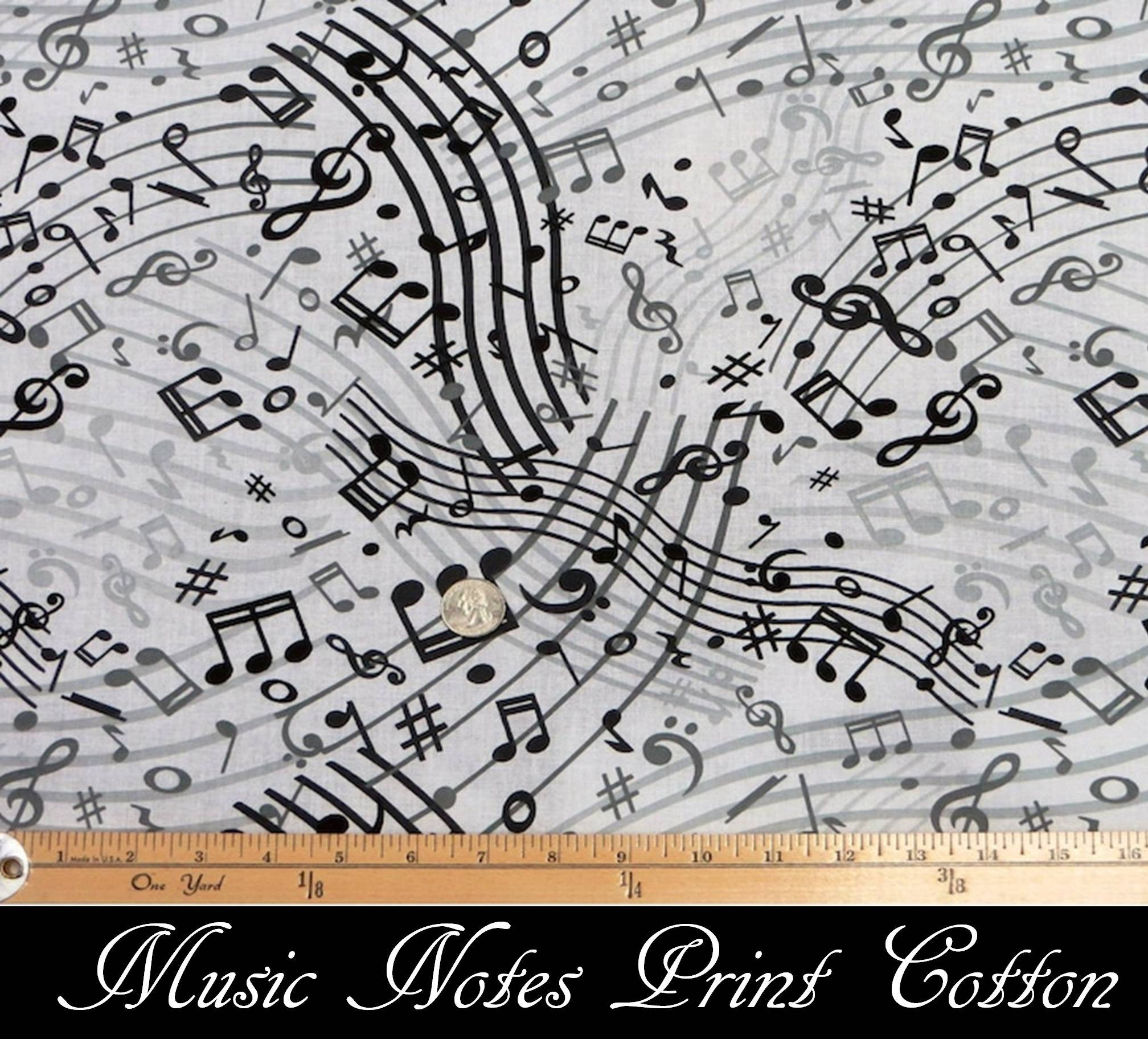 Music Notes Print Cotton Black and White Etsy
