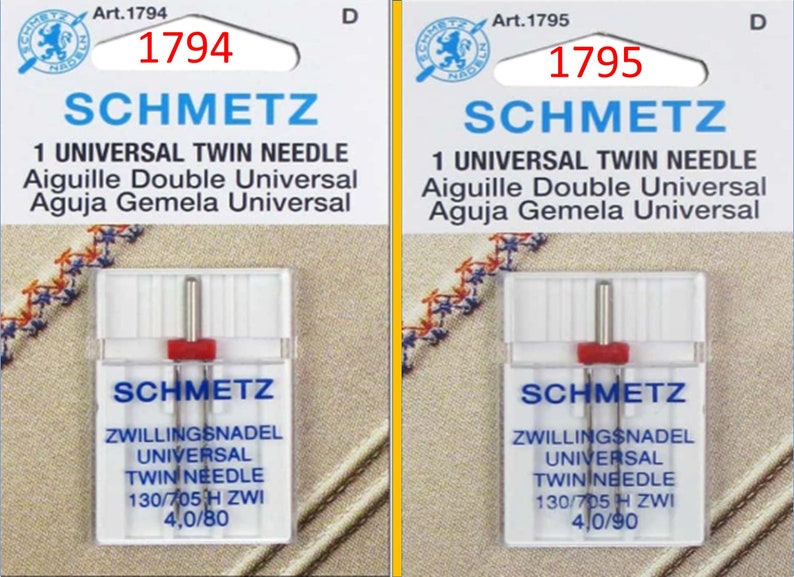 May include: Two packages of Schmetz universal twin needles. Each package has a white and red plastic case with two needles. The packaging includes the text "SCHMETZ", "1 UNIVERSAL TWIN NEEDLE", and needle size information.