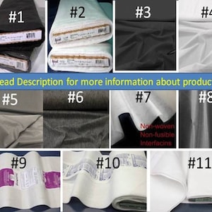 May include: Eleven different types of fabric swatches, including black, white, gray, and beige. The swatches are labeled with numbers 1 through 11. The text "Read Description for more information about products" is displayed below the swatches.