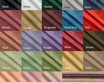 May include: Swatch card showing 20 different fabric colors. The colors are arranged in a grid of five rows and four columns. The colors include black, white, hunter green, grey, navy, mauve, camel, burgundy, royal blue, red, rust, violet, purple, wine, brown, celery, moss, olive, gold, mink, mango, pink, tan, and multi-color.