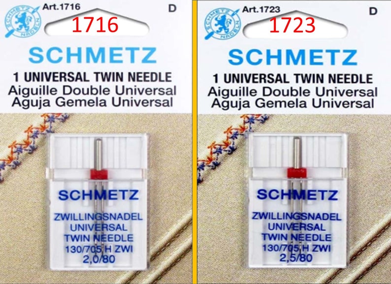 May include: Two packages of Schmetz universal twin needles. Each package has a clear plastic case with a red and silver needle. The text on the packages includes "1 Universal Twin Needle" and "130/705 H ZWI".