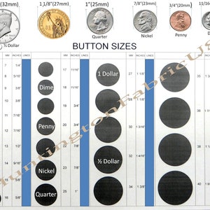 May include: A chart comparing the sizes of US coins to button sizes. The chart shows the diameter of each coin in inches and millimeters, along with the corresponding button size in millimeters. The coins shown are a half dollar, a quarter, a dime, a nickel, and a penny.