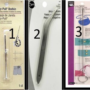 May include: Three sewing tools on white packaging with product descriptions. The first tool is a silver bodkin with a loop at the top. The second tool is a silver seam ripper with a curved blade. The third tool is a silver loop turner with a long needle and a loop at the end.