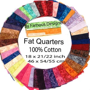 May include: A collection of 21 fat quarters in various colors and patterns. The fabric is 100% cotton and measures 18 x 21/22 inches or 46 x 54/55 cm. The fabric is arranged in a circle with the text "By Famous Designers" and "Fat Quarters 100% Cotton" in the center.