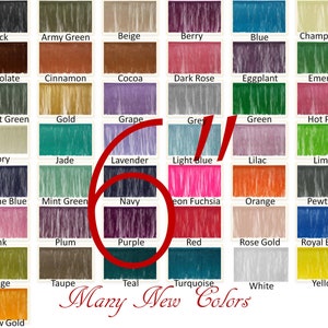 May include: A chart of 36 colour swatches with names for each colour. The colours include black, army green, beige, berry, blue, champagne, chocolate, cinnamon, cocoa, dark rose, eggplant, emerald, forest green, gold, grape, grey, green, hot pink, ivory, jade, lavender, light blue, lilac, lime, marine blue, mint green, navy, neon fuchsia, orange, pewter, pink, plum, purple, red, rose gold, royal blue, sage, taupe, teal, turquoise, white, yellow, and yellow gold.
