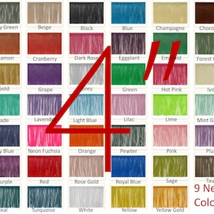 May include: A chart of 36 different paint colors, including Army Green, Beige, Black, Blue, Champagne, Chocolate, Cinnamon, Cranberry, Dark Rose, Eggplant, Emerald, Forest Green, Gold, Grape, Grey, Green, Hot Pink, Ivory, Jade, Lavender, Light Blue, Lilac, Lime, Mint Green, Navy Blue, Neon Fuchsia, Orange, Pewter, Pink, Plum, Purple, Red, Rose Gold, Royal Blue, Sage, Taupe, Teal, Turquoise, White, Yellow, and Yellow Gold. The chart also includes the text "9 New Colors".