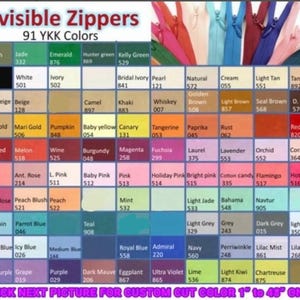May include: A color chart displaying 91 YKK invisible zippers in various shades, organized in a grid with labels and color codes. The top section shows a fan of zipper samples, while the bottom text reads: Invisible Zippers 91 YKK Colors and CHECK NEXT PICTURE FOR CUSTOM CUT COLOR 1" to 48" ONLY.