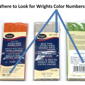 Puede incluir: Tres paquetes de cinta de bies Wrights, cada uno de un color diferente: naranja, gris y verde. Los paquetes muestran el n&uacute;mero de color, el nombre del producto y las medidas en pulgadas y cent&iacute;metros. El texto en los paquetes dice: "Cinta de Bies Extra Ancha Doble Pliegue", "Ruban de Biais Double Extra Largeur", "Cinta al Bies de Doblez Doble Extra Ancho", "PC206", "206 1241", "206 1243", "117 206 922", "3 yd / 2.74 m", "5 in wide", "12.7 mm de large/ancho", "1/2" (13mm) Wide", "55% Polyester/Polyester", "45% Cotton/Algod&oacute;n", "Carrot/Rouge Cabot/Rojo Zanahoria", "16093 800813", "55% Polyester/Polyester", "45% Cotton/Cotton", "Made in China/Fabriqu&eacute; en Chine/Hecho en China".