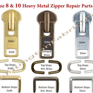 May include: Metal zipper repair parts in gold, antique brass, and silver. Includes sliders, top stops, and bottom stops.