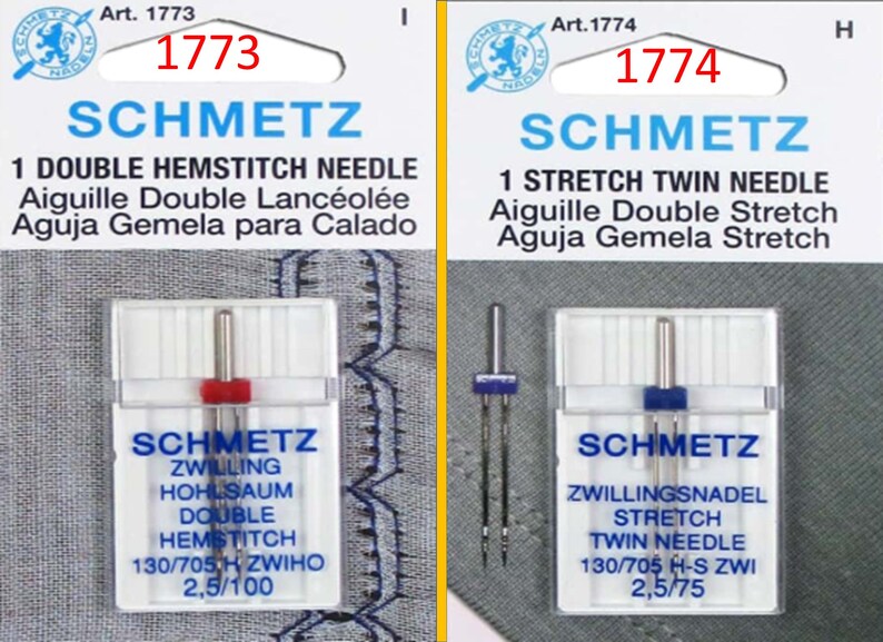May include: Two packages of Schmetz sewing machine needles. One package is labeled "1 Double Hemstitch Needle" and the other "1 Stretch Twin Needle." Both packages have the Schmetz logo and product information in multiple languages.