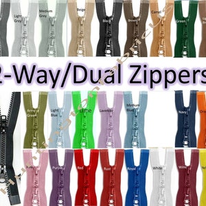May include: A variety of 2-way dual zippers in different colors, including black, beige, brown, green, light brown, grey, navy, orange, red, rust, royal blue, white, wine, yellow, pink, purple, lime, lavender, light blue, and army green.
