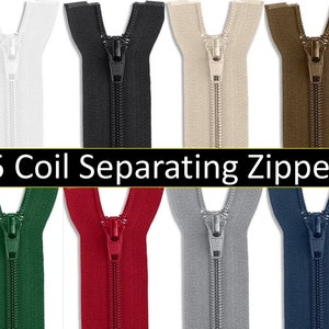 May include: Assortment of #5 coil separating zippers in various colors, including white, black, beige, brown, green, red, gray, and navy blue.