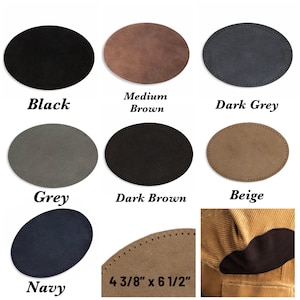 May include: A collection of oval-shaped elbow patches in black, medium brown, dark grey, grey, dark brown, beige, and navy. Each patch features pre-punched stitching holes around the perimeter. The dimensions are labeled as 4 3/8 inches by 6 1/2 inches.