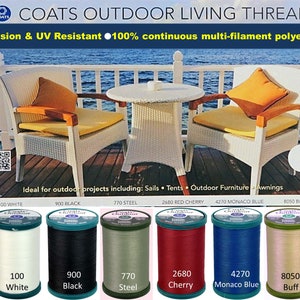May include: Coats Outdoor Living Thread spools in various colors, including white, black, steel, red cherry, Monaco blue, and buff. The thread is abrasion and UV resistant, made of 100% continuous multi-filament polyester. Ideal for outdoor projects.