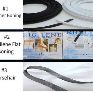 May include: Three types of boning for crafting: black feather boning, white plastic Rigilene flat boning, and black horsehair boning. The Rigilene boning is shown on a box with instructions for use.