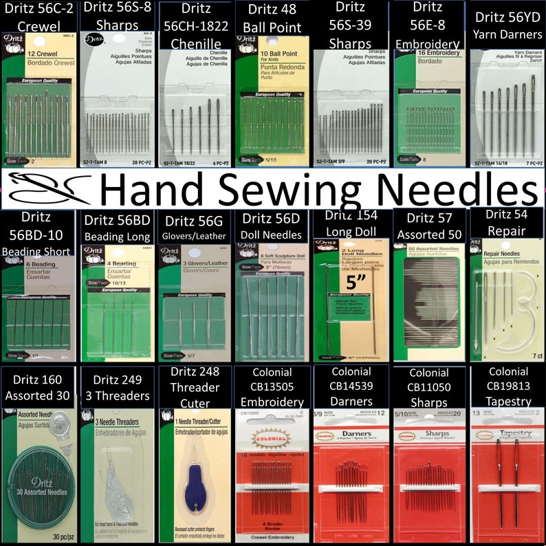 May include: Assortment of Dritz hand sewing needles in various sizes and types, including crewel, sharps, chenille, ball point, embroidery, yarn darners, beading, glovers/leather, doll needles, long doll, assorted, repair, threaders, cutter, embroidery, darners, and tapestry. The needles are packaged in clear plastic with green and white labels.