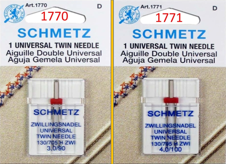 May include: Two packages of Schmetz universal twin needles. Each package has a clear plastic case with a red top. The text on the packages includes "1 Universal Twin Needle" and the needle size.