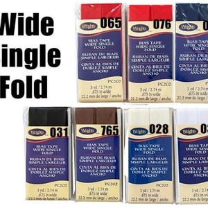 May include: A set of ten packages of wide single fold bias tape in various colors, including black, brown, white, red, and blue. Each package has a label with the brand name "Wrights", the product name "Bias Tape Wide Single Fold", and the product code "PC202".