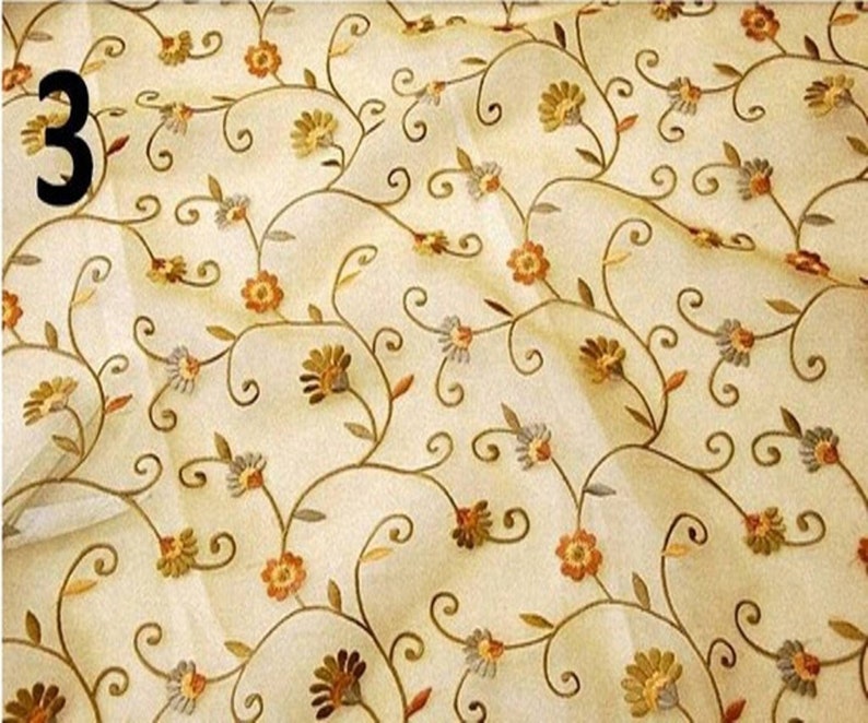 Golden Olive Embroidered Sheer Fabrics by the yard STK 3 image 1