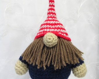 Hand-Crocheted Red White and Blue Gnome with Brown Beard