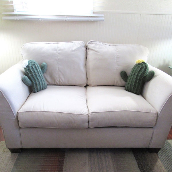 Hand Crocheted Saguaro Cactus Cushion Pillow in Soft Sage Green with White Flower