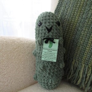 May include: A green, crocheted pickle toy with black eyes and a stitched mouth, holding a tag that says "Emotional Support Pickle." The pickle is on a cream-coloured surface, with a green blanket in the background.