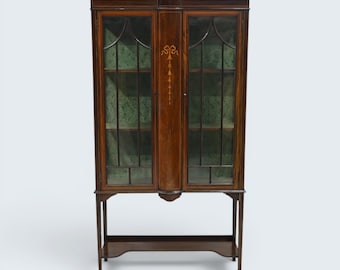 Edwardian Inlaid Mahogany Display Cabinet Leaded Glass Key & FREE UK Delivery