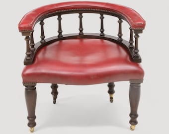 Antique Studded Red Leather Captains Armchair Tub Chair FREE UK Delivery