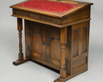 Old Charm Davenport Desk Red Hide Writing Slope Light Oak FREE UK Delivery*