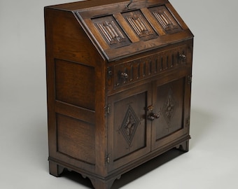 Vintage Oak Writing Bureau With Fitted Interior Micro Office FREE UK Delivery