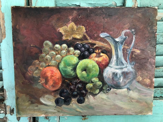 Still life Fruits vegetables France Antique vintage french painting 1950s on panel with Frame Still life Fruits vegetables France Antique vintage french painting 1950s on panel with Frame