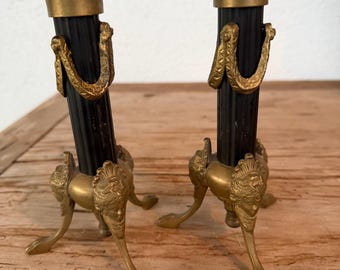 Vintage Pair Empire Gilt Candlestick Holder Black Column Women Bust Leaf Strips