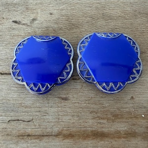 Vintage 1920s Art Deco Interlocking Belt Buckle - Molded Cobalt Blue Czech Glass Two-Piece Dress Clasp - Geometric Silver Filigree Chevron