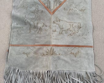 Vintage 70’s Gomez Genuine Leather Western Suede Poncho, Mexican Cowboy Style, Long Fringe, Tooled Western Horse & Bull Motif