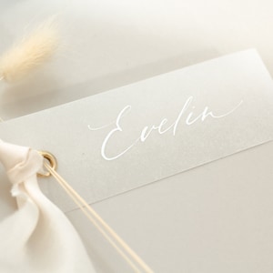 Elegante Namensschilder, Hochzeit, Platzkarten, Geschenkanhänger, weiße Tusche, Transparentpapier, Kalligrafie, ink. goldene Öse, ohne Band