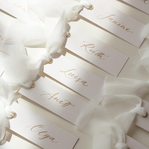 Namensschilder, handgeschrieben, Hochzeit, Platzkarten, Geschenkanhänger, personalisiert, goldene Tusche, ink. Öse, ohne Band