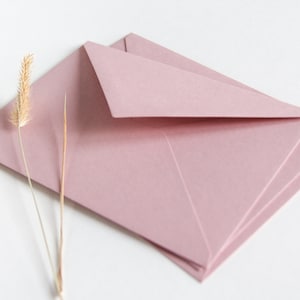 Può includere: Un mucchio di buste rosa pallido su una superficie bianca con un singolo stelo d'erba secca.