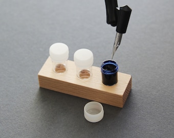 Ink minis set: wooden holder with 3 jars, pipette / Dinky dips