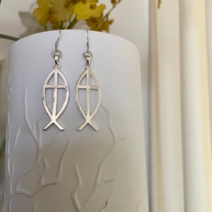 Fish Cross Sterling Silver Earrings/Christian Jewelry/ICHTHUS Cross/Fish Pendant-Earrings