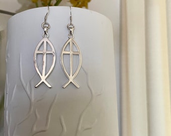 Fish Cross Sterling Silver Earrings/Christian Jewelry/ICHTHUS Cross/Fish Pendant-Earrings