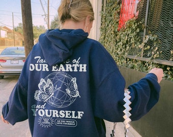 Zorg voor onze Earth Hoodie Earth Day Hoodie Trendy Hoodie Esthetische Hoodie Esthetische Kleding Positieve Hoodie Woorden op Back Hoodie