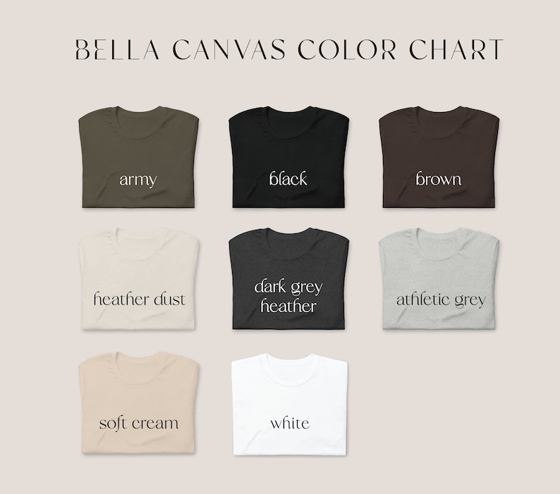 Op de afbeelding: Kleurenkaart met Bella Canvas T-shirt kleuren. De kleuren zijn: army, zwart, bruin, heidekleur, donkergrijs melange, sportgrijs, zachte cr&egrave;me en wit.