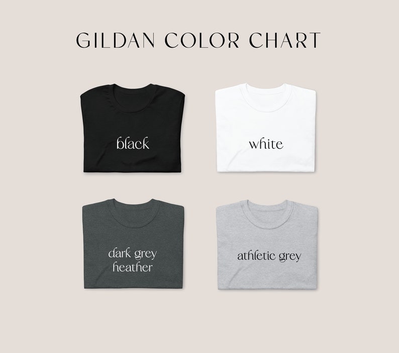 Op de afbeelding: Een kleurenkaart voor Gildan T-shirts, met vier verschillende kleuren: zwart, wit, donkergrijs melange en sportgrijs.