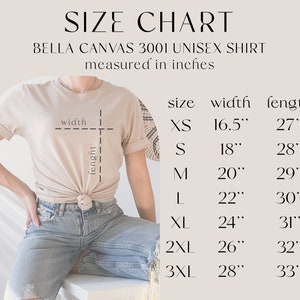 Op de afbeelding: Maattabel voor een Bella Canvas 3001 unisex shirt, met afmetingen in inches voor breedte en lengte voor de maten XS, S, M, L, XL, 2XL en 3XL.