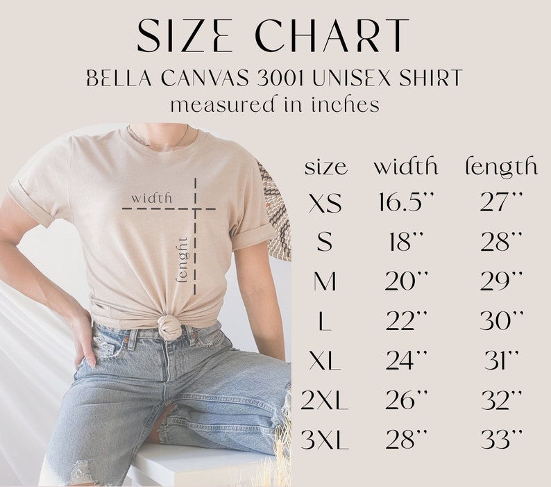 Op de afbeelding: Maattabel voor een Bella Canvas 3001 unisex shirt, met afmetingen in inches voor breedte en lengte voor de maten XS, S, M, L, XL, 2XL en 3XL.